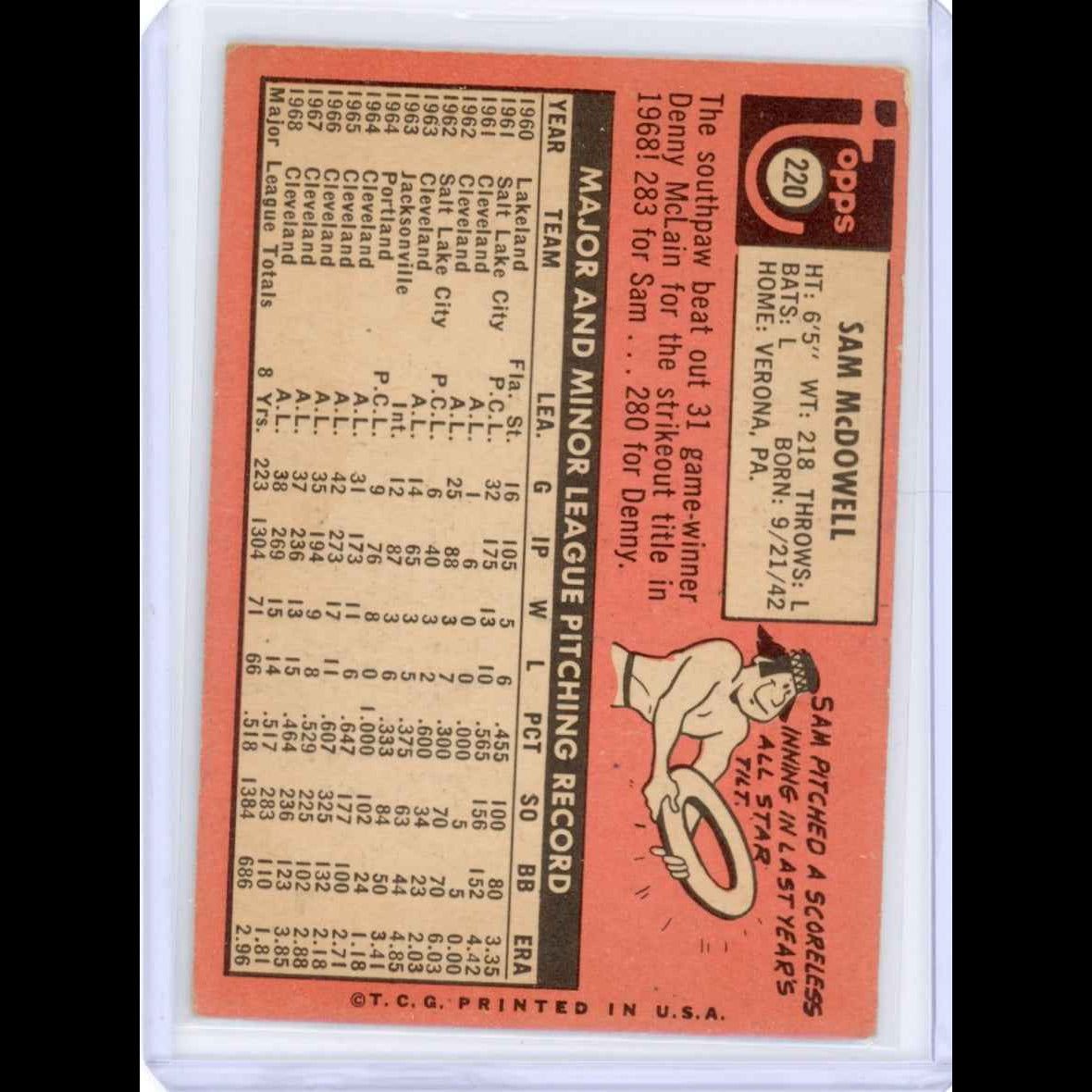 1969 Topps #220 Sam McDowell Card - back