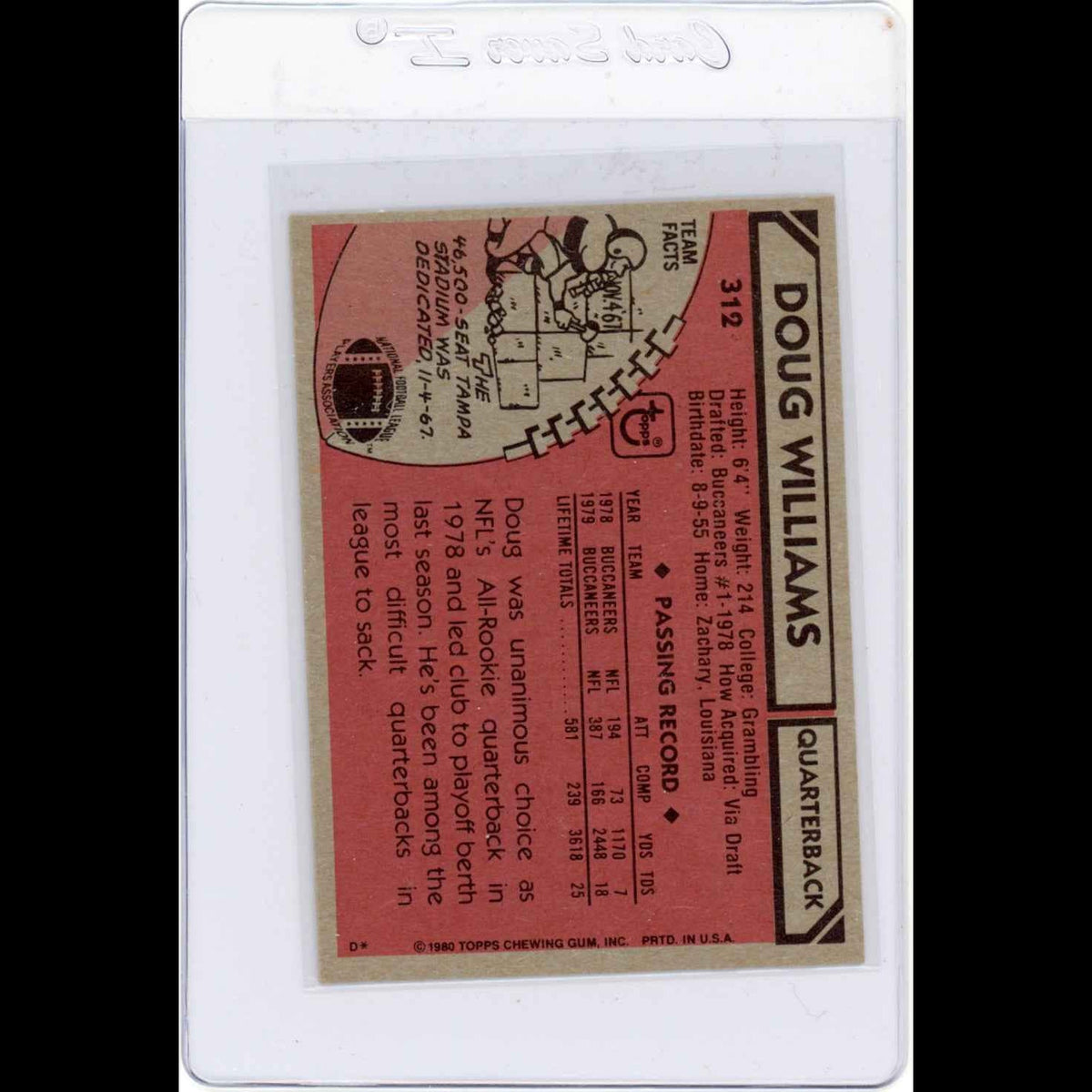 1980 Topps Doug Williams #312 Tampa Bay Buccaneers Card - back