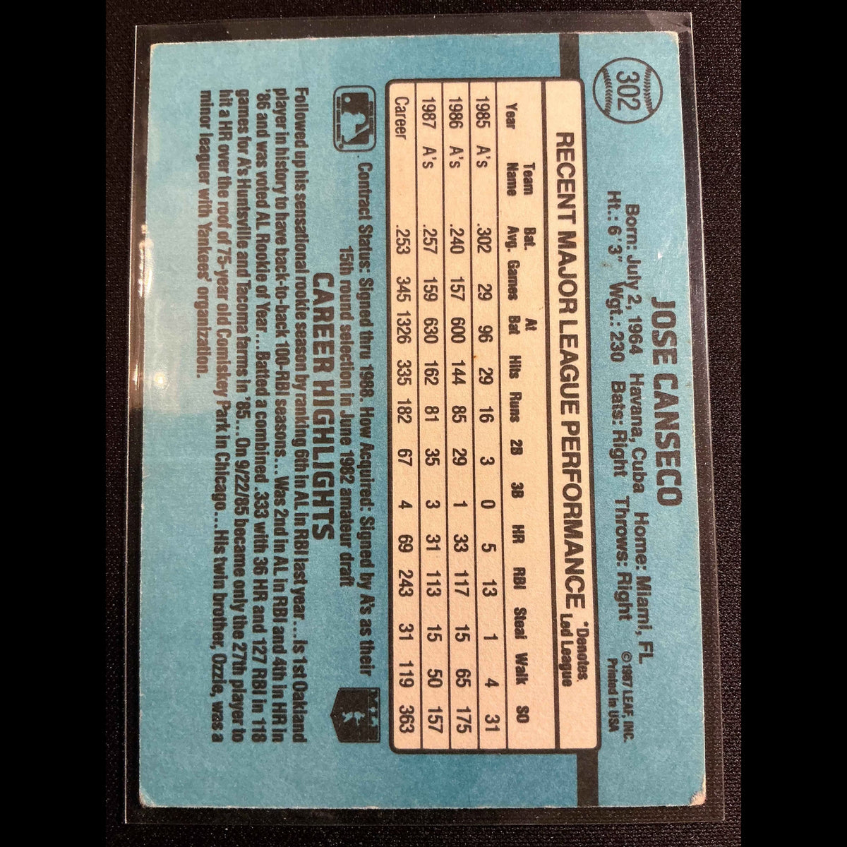1988 Donruss #302 Jose Canseco Card - back