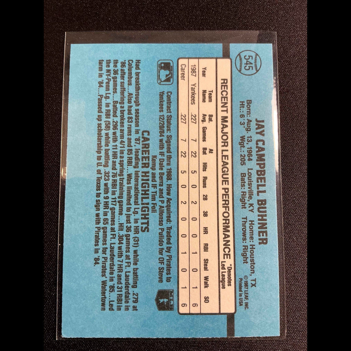 1988 Donruss #545 Jay Buhner Rookie Card - back