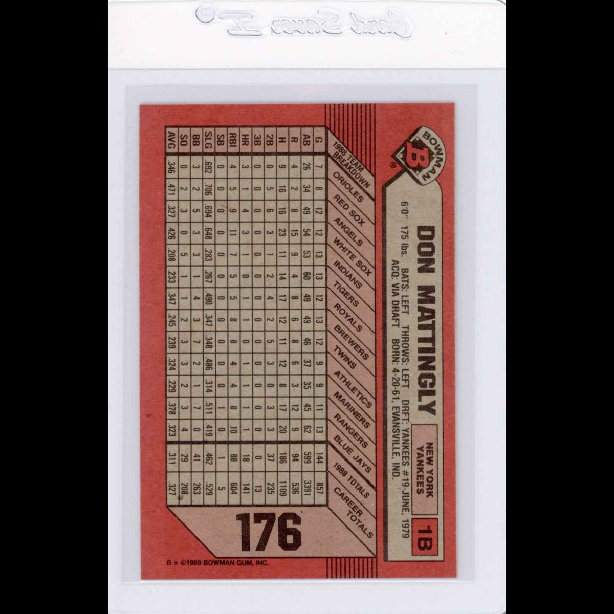 1989 Bowman #176 Don Mattingly Card - view 6