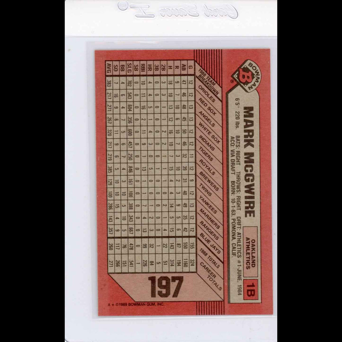 1989 Bowman #197 Mark McGwire Card - view 4