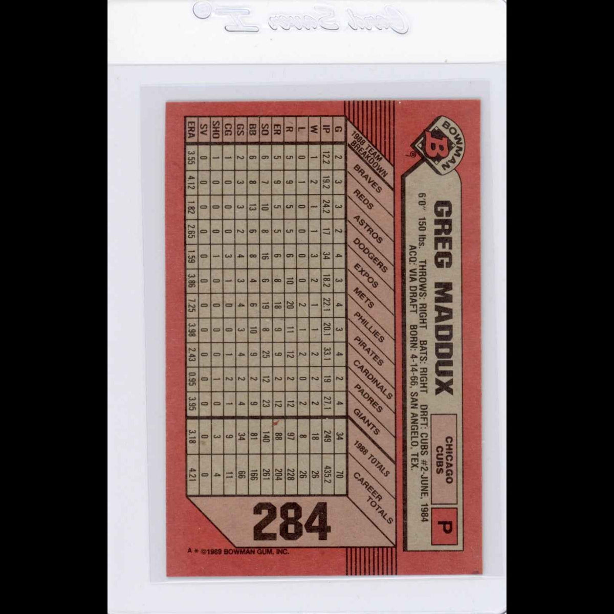 1989 Bowman #284 Greg Maddux Card - view 4