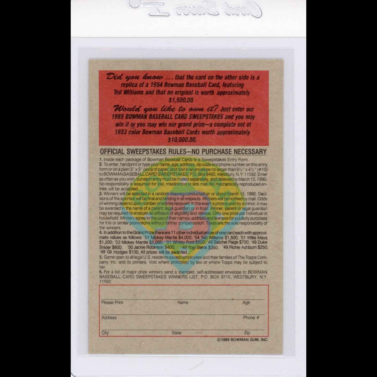 1989 Bowman Insert #11 1954 Ted Williams Card - view 4