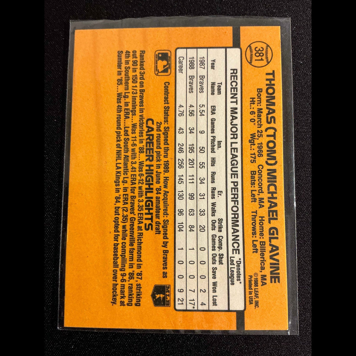 1989 Donruss #381 Tom Glavine Card - back