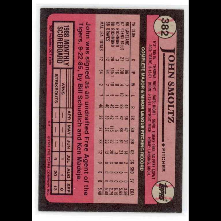 1989 Topps #382 John Smoltz RC Card - back