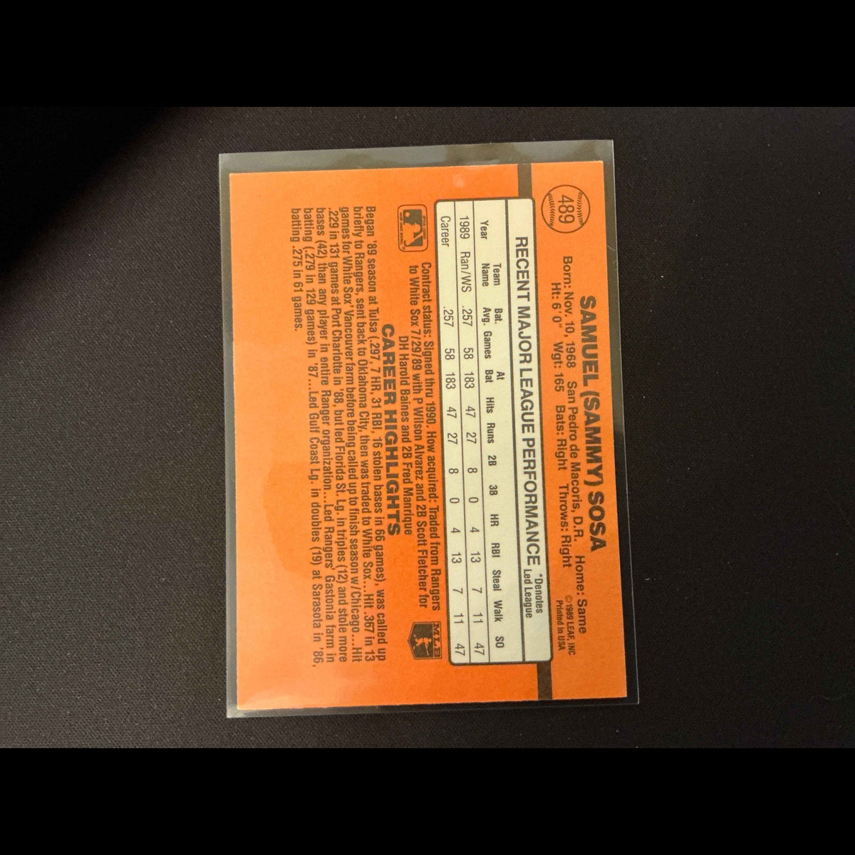 1990 Donruss #489 Sammy Sosa Rookie Card - view 4