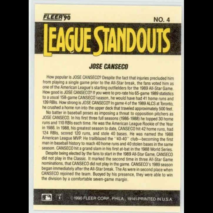 1990 Fleer League Standouts #4 Jose Canseco Card - back