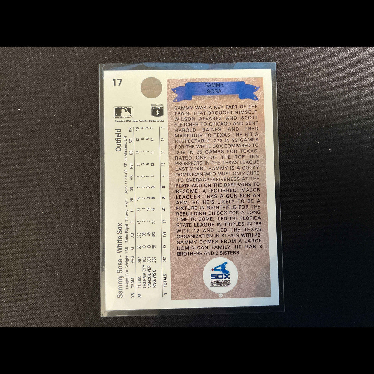 1990 Upper Deck #17 Sammy Sosa Rookie (RC) Card - back