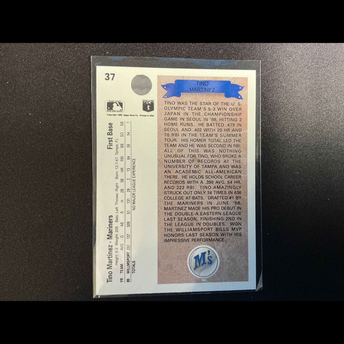 1990 Upper Deck #37 Tino Martinez Rookie (RC) Card - back