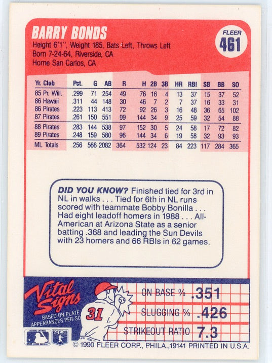 1990 Fleer #461 Barry Bonds Card