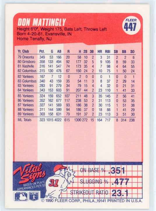1990 Fleer #447 Don Mattingly Card