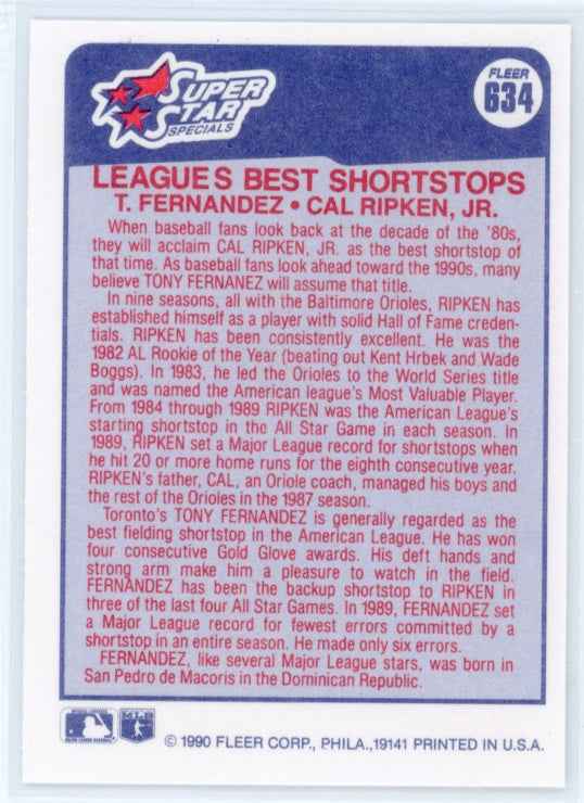 1990 Fleer #634 Tony Fernandez Cal Ripken Jr Card