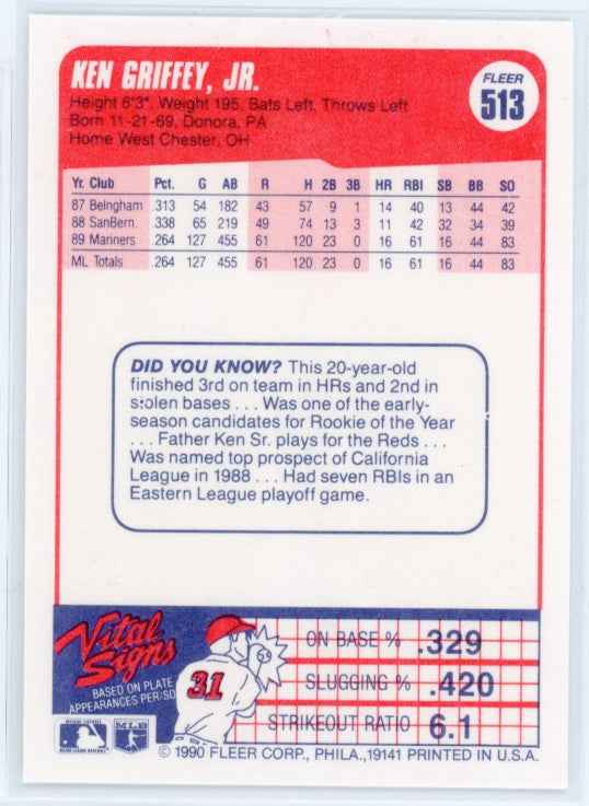 1990 Fleer #513 Ken Griffey Jr Card