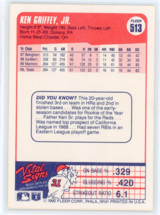 1990 Fleer #513 Ken Griffey Jr Card