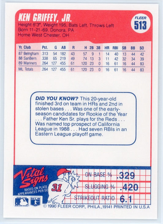 1990 Fleer #513 Ken Griffey Jr Card
