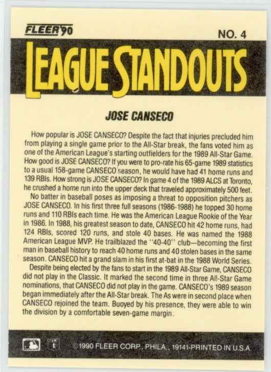 1990 Fleer League Standouts #4 Jose Canseco Card