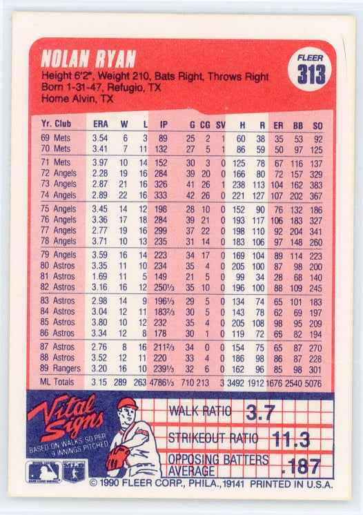 1990 Fleer #313 Nolan Ryan Card