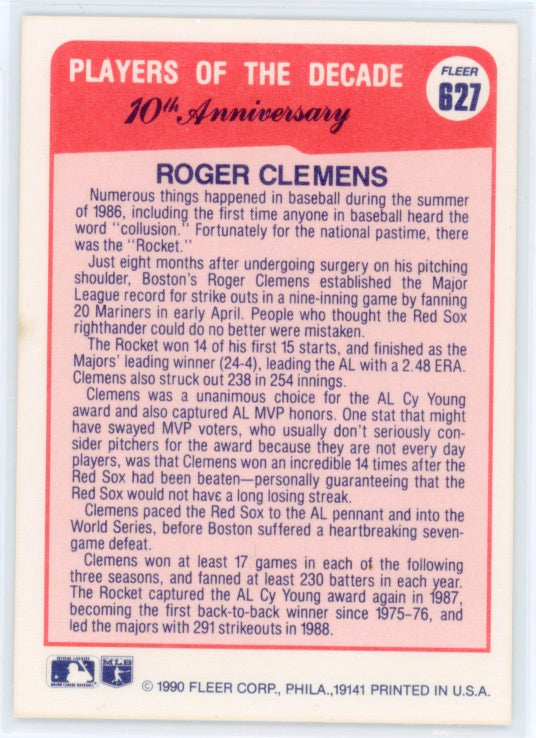 1990 Fleer #627 Roger Clemens Players of the Decade Card