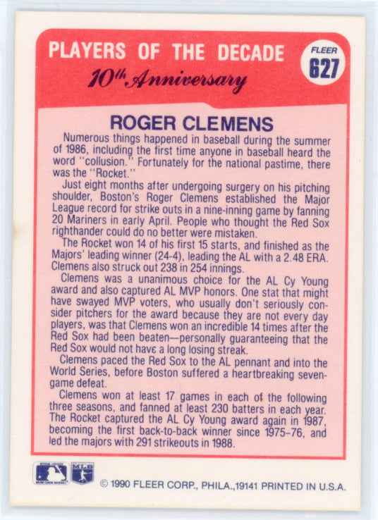 1990 Fleer #627 Roger Clemens Players of the Decade Card