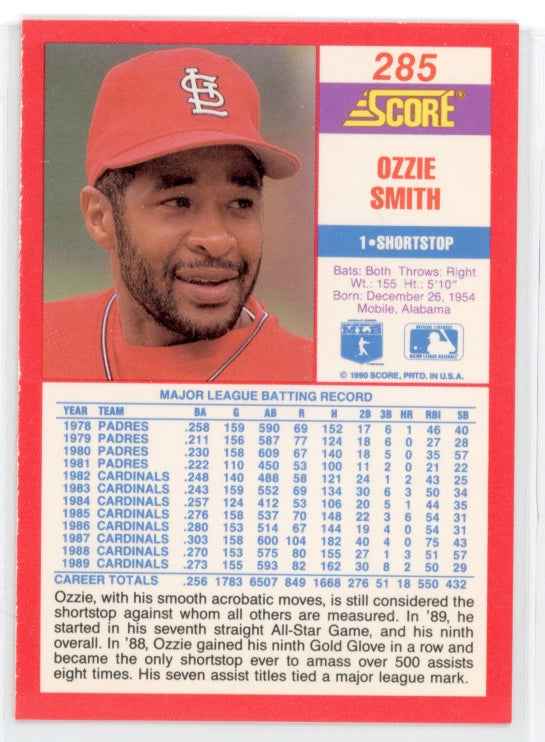 1990 Score #285 Ozzie Smith Card