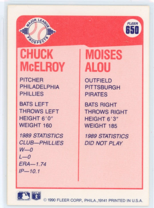 1990 Fleer #650 Moises Alou RC/Chuck McElroy Major League Prospects Card