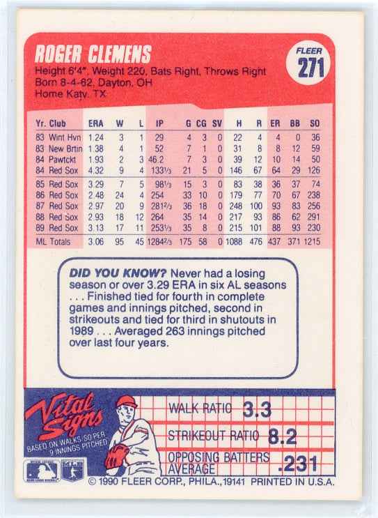 1990 Fleer #271 Roger Clemens Card