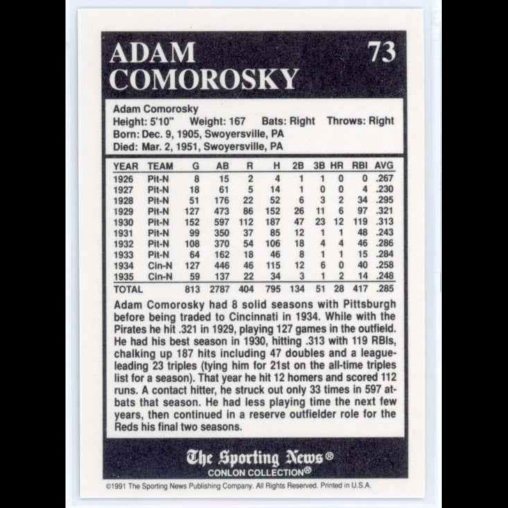1991 Conlon TSN #73 Adam Comorosky Card - back