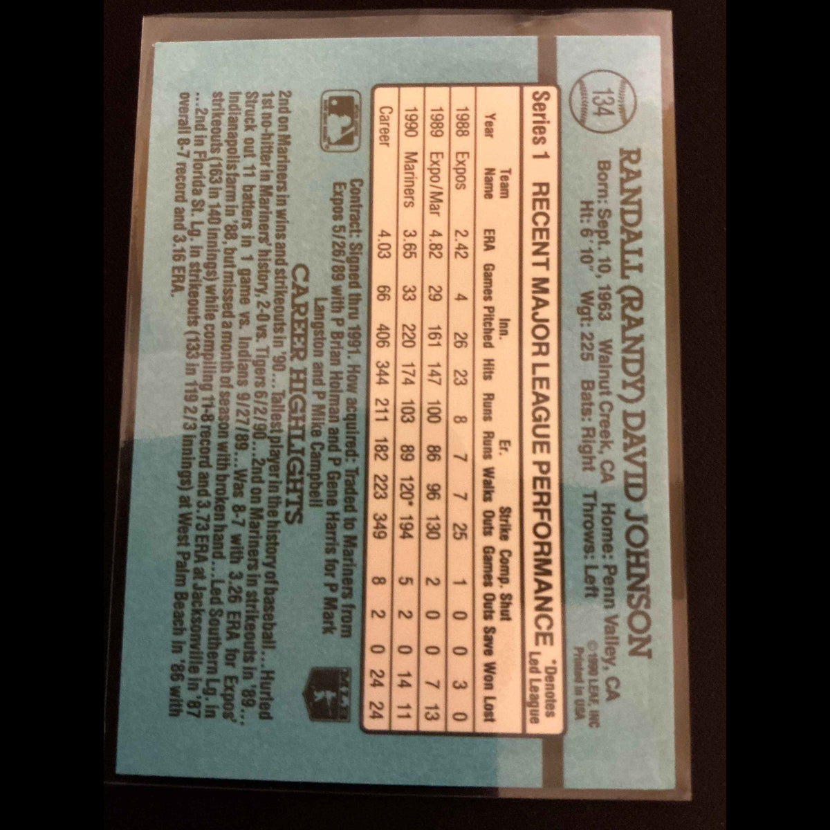1991 Donruss #134 Randy Johnson No . after INC Error Card - back