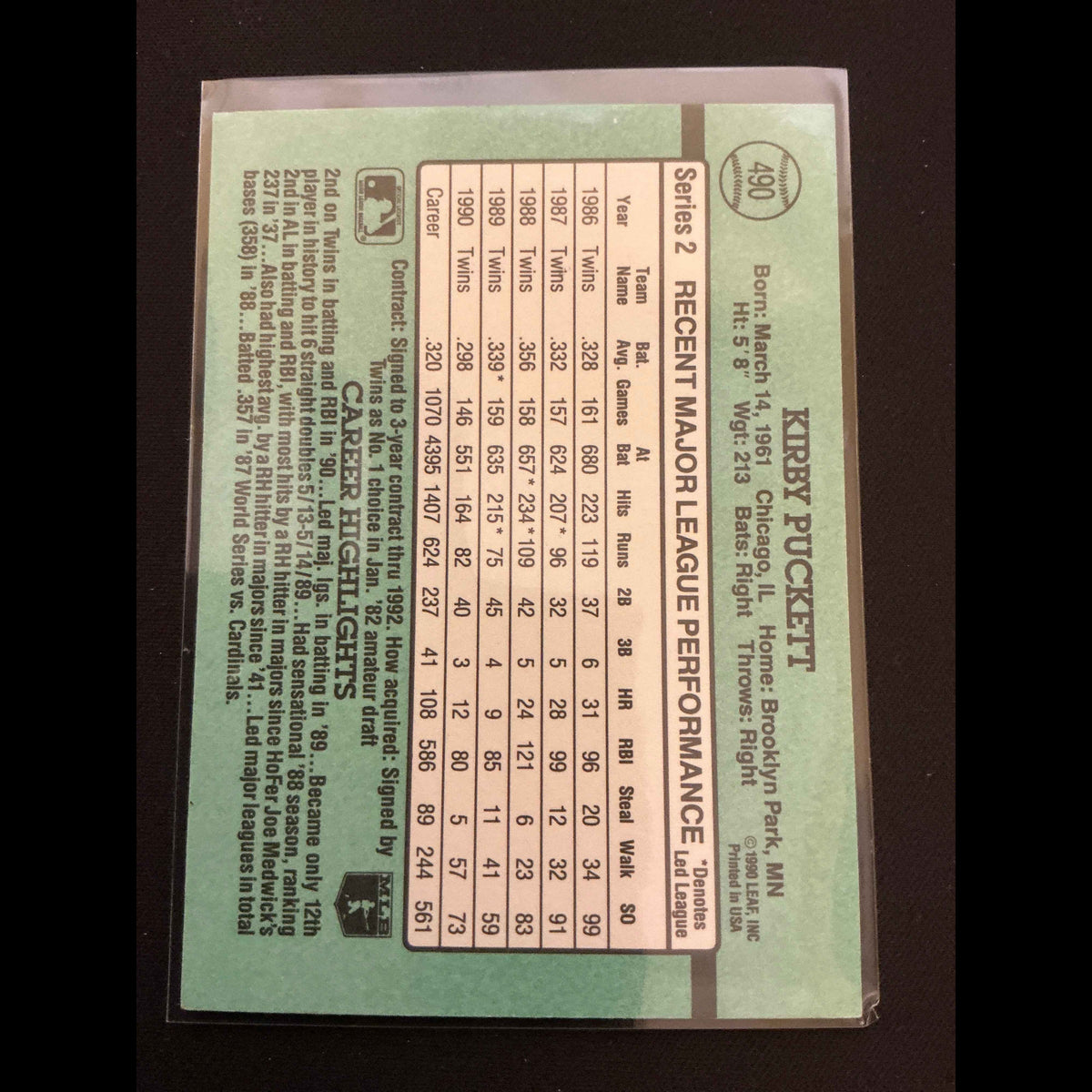 1991 Donruss #490 Kirby Puckett No . After INC Error Card - back