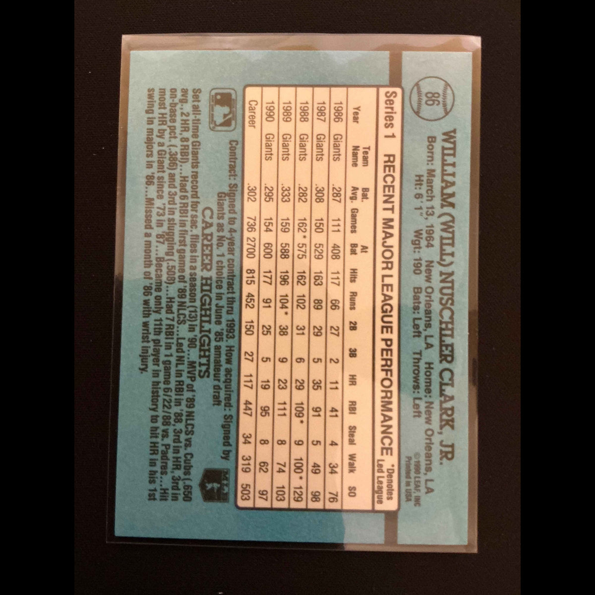 1991 Donruss #86 Will Clark No . After INC Error Card - back