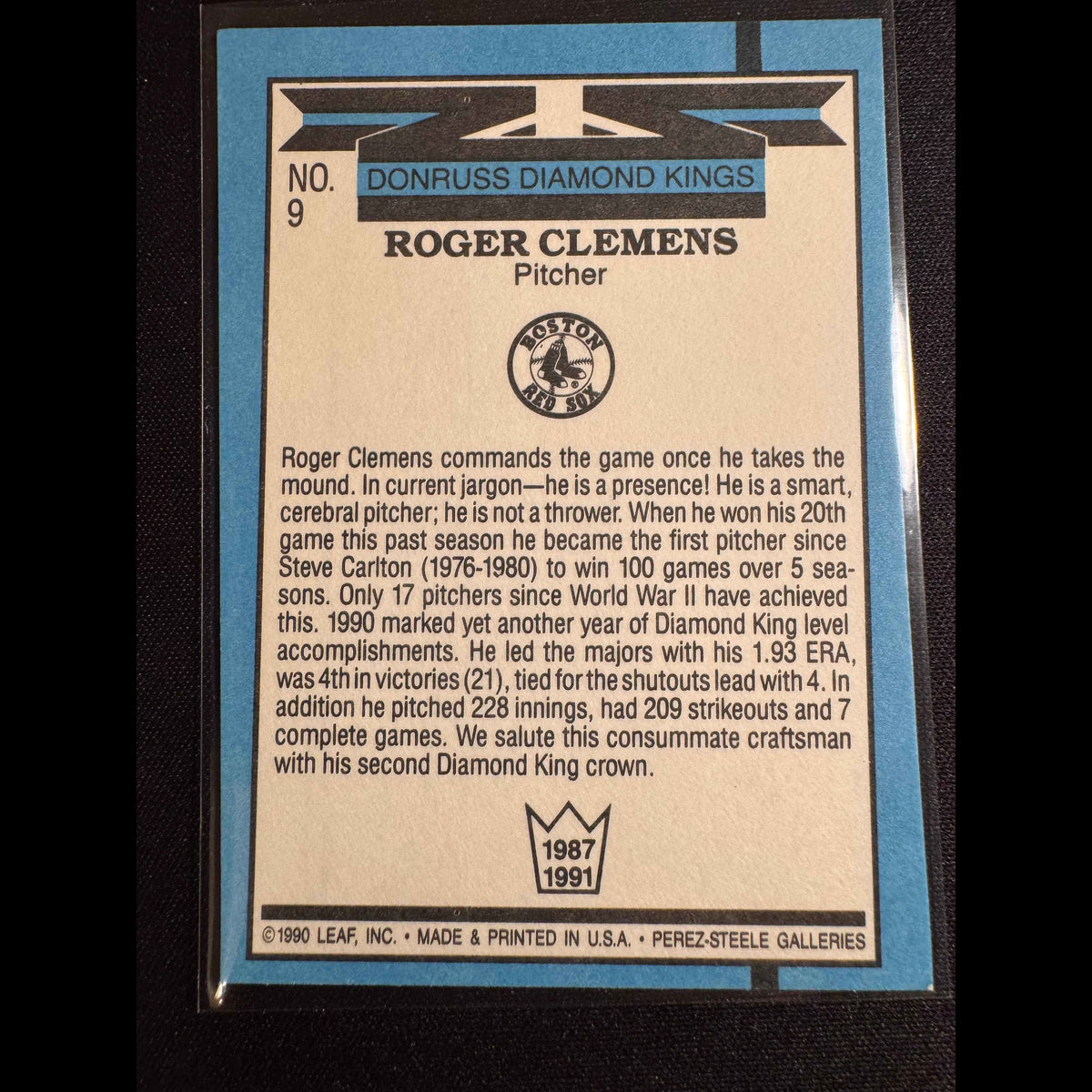 1991 Donruss #9 Roger Clemens Error DK No Trademark Card - back