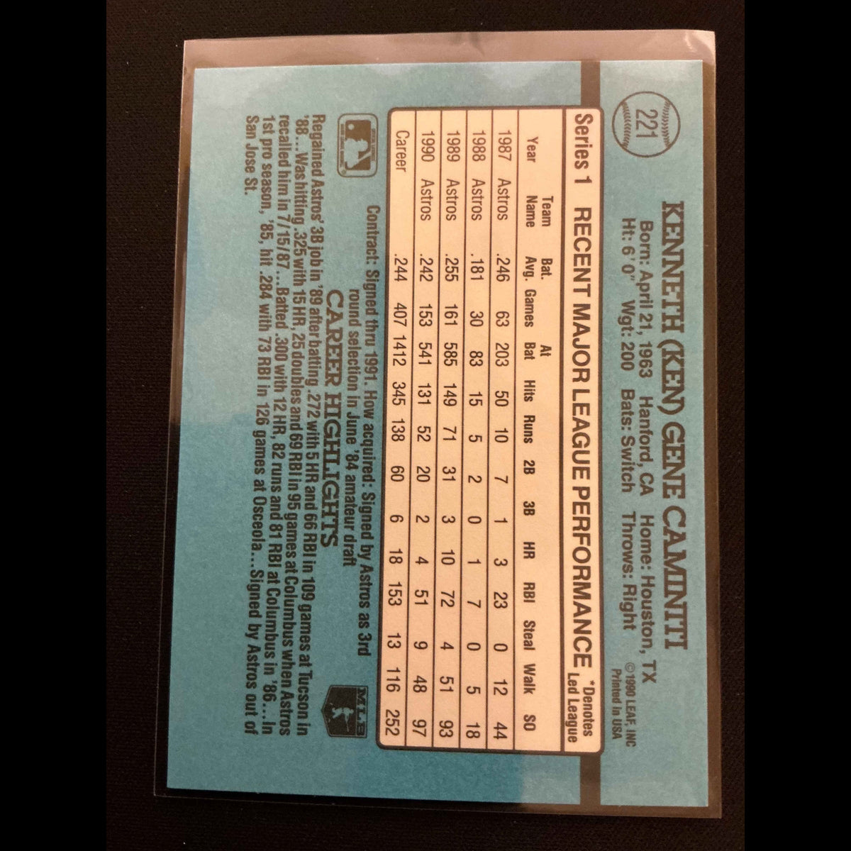 1991 Donruss #221 Ken Caminiti No . After INC Error Card - back