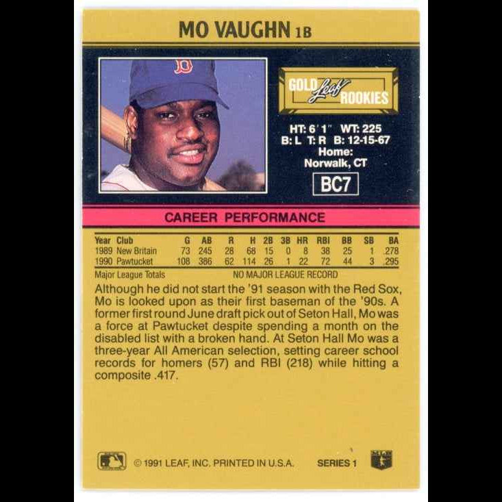 1991 Leaf Gold Rookies #BC7 Mo Vaughn Card - back