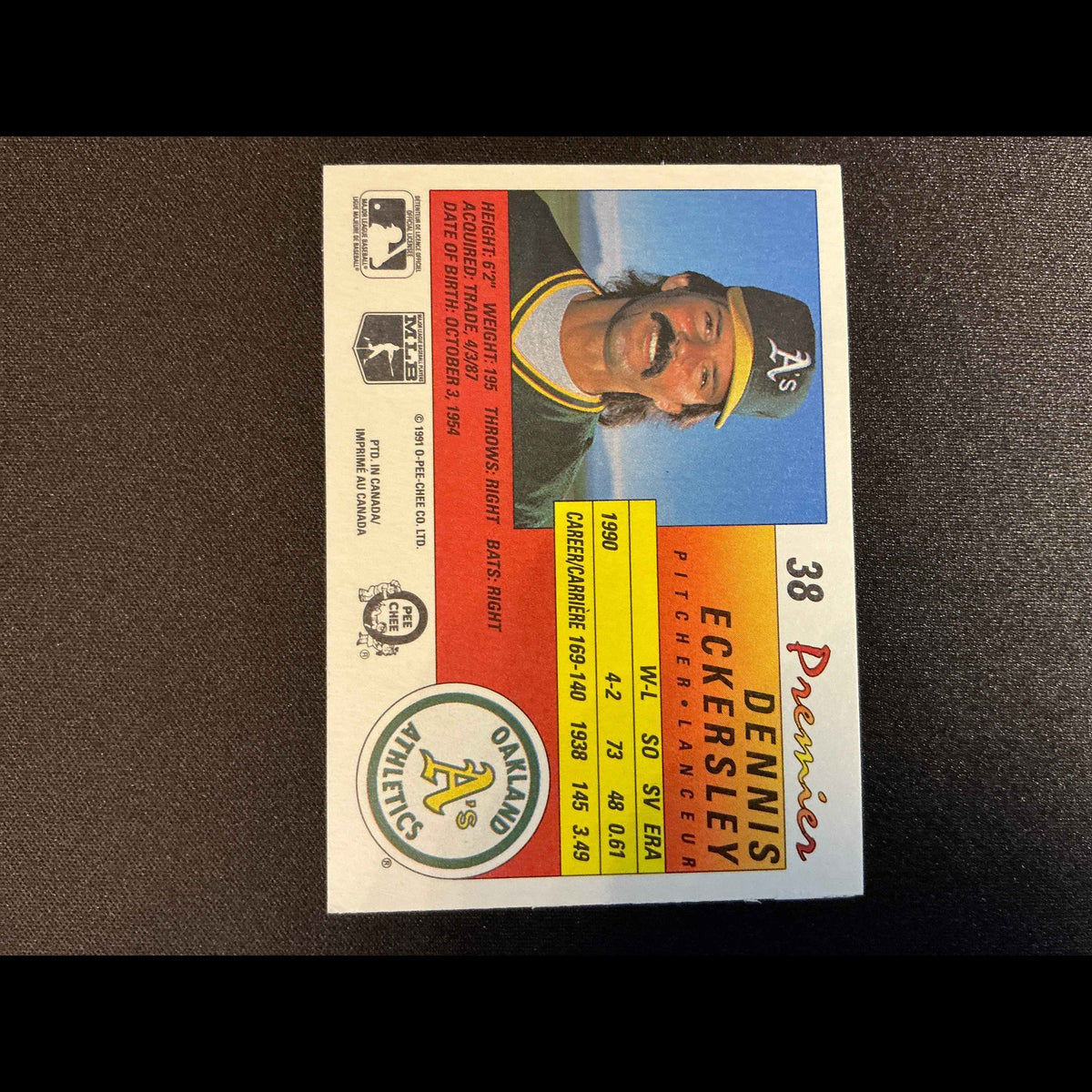 1991 O-Pee-Chee Premier #38 Dennis Eckersley Card - back