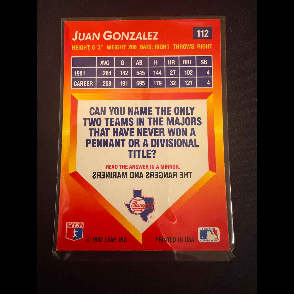 1992 Donruss Triple Play #112 Juan Gonzalez Card - view 10