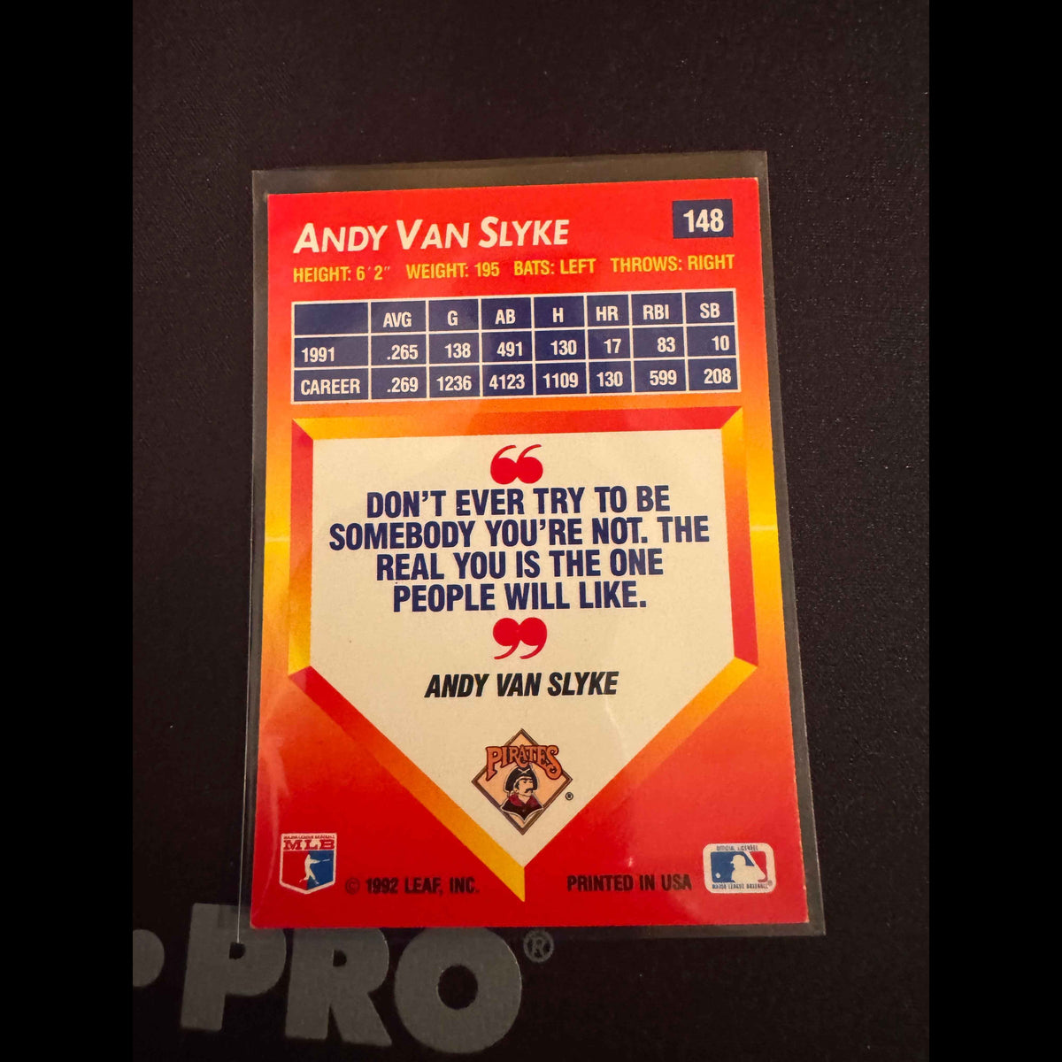 1992 Donruss Triple Play #148 Andy Van Slyke Card - back