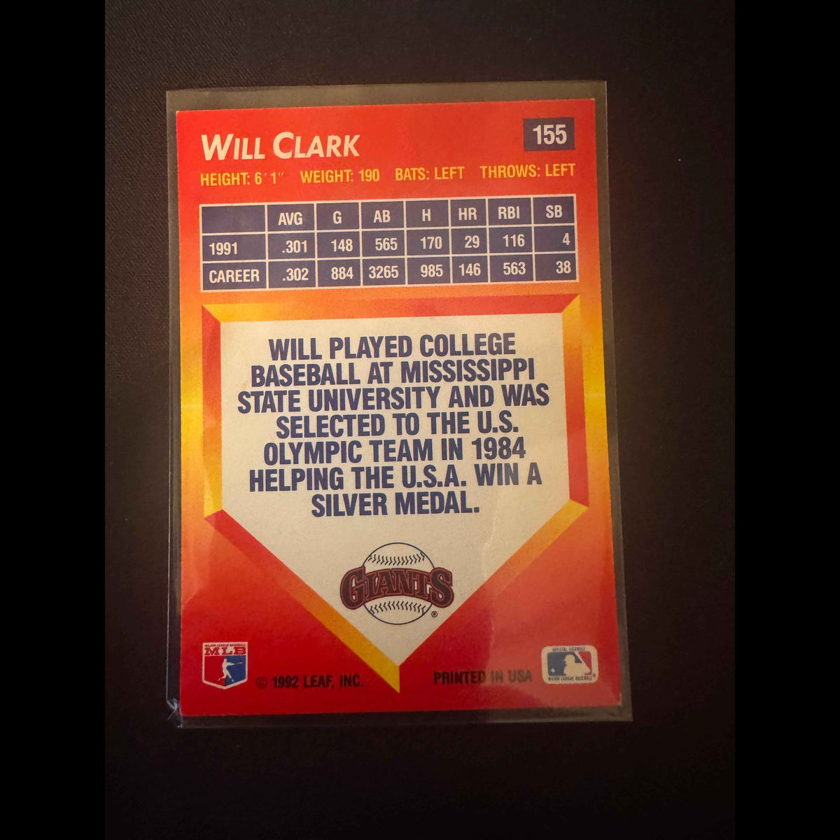 1992 Donruss Triple Play #155 Will Clark Card - view 4