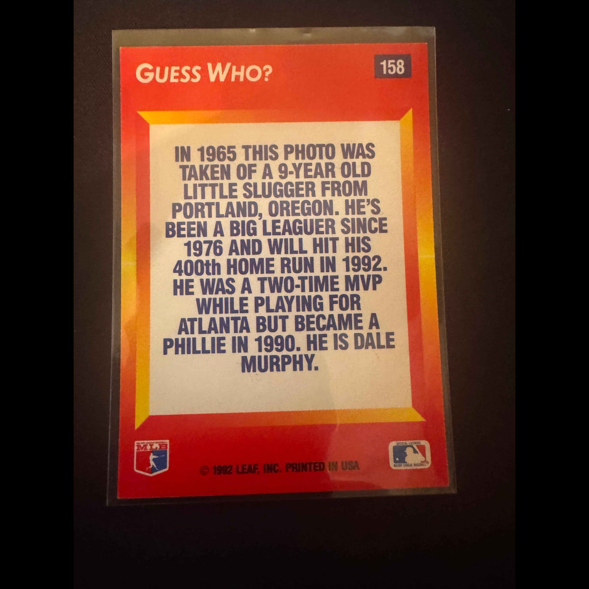 1992 Donruss Triple Play #158 Dale Murphy Little Hotshots Card - view 4