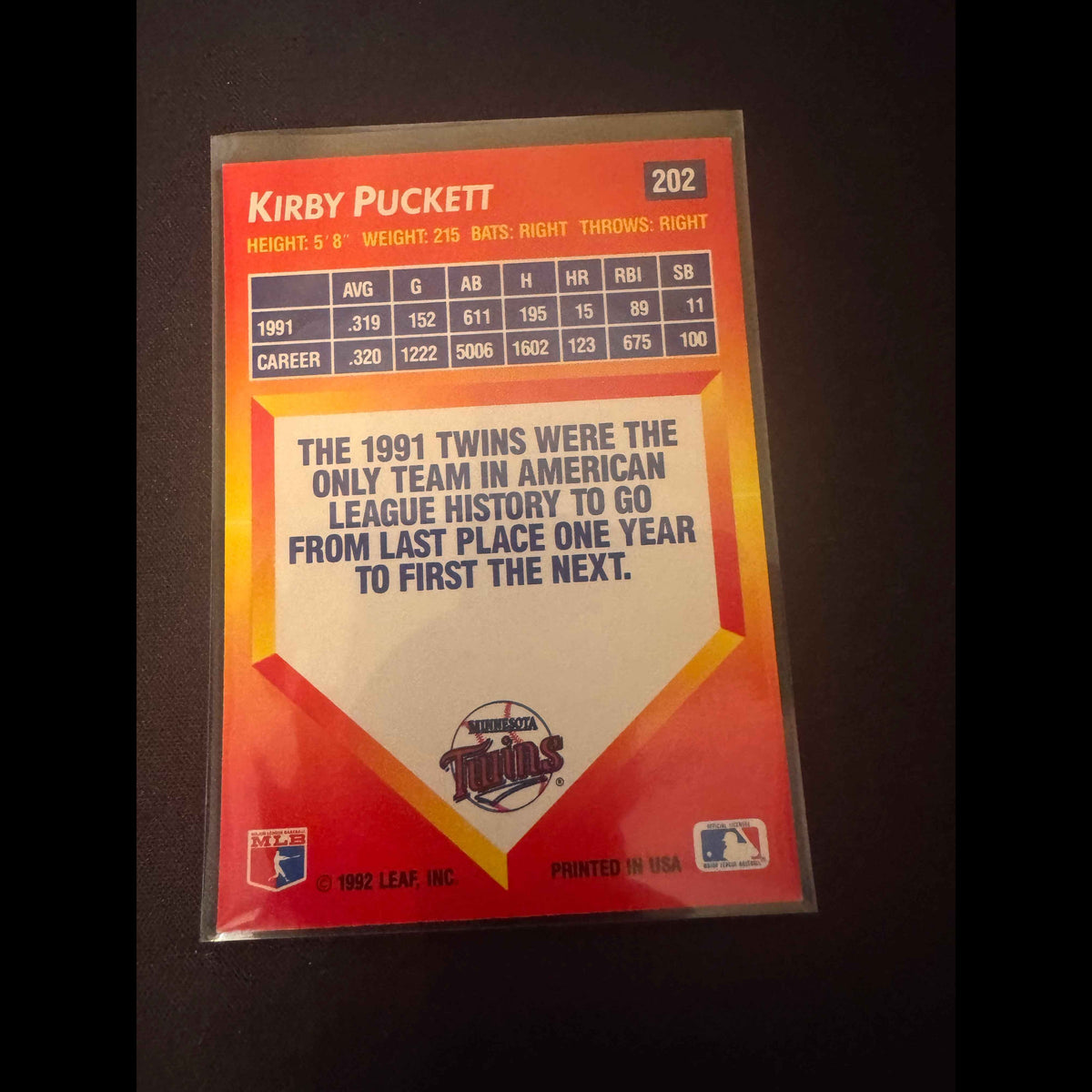 1992 Donruss Triple Play #202 Kirby Puckett Card - back