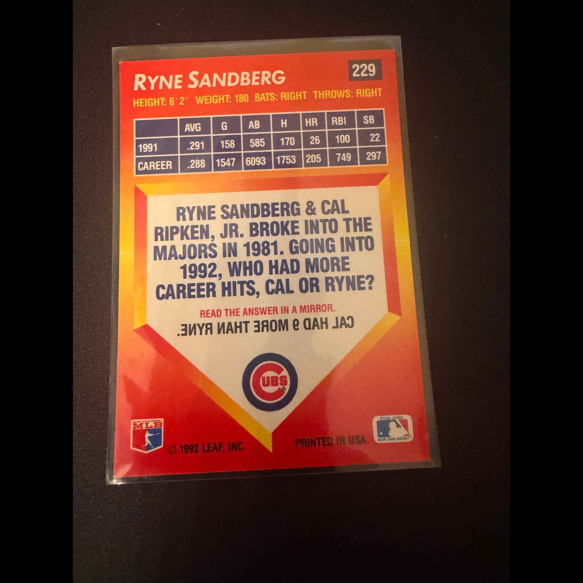 1992 Donruss Triple Play #229 Ryne Sandberg Card - back