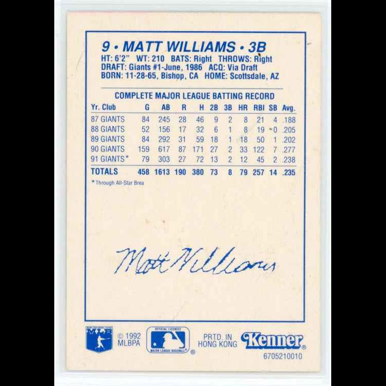 1992 Kenner Starting Lineup #9 Matt Williams - back