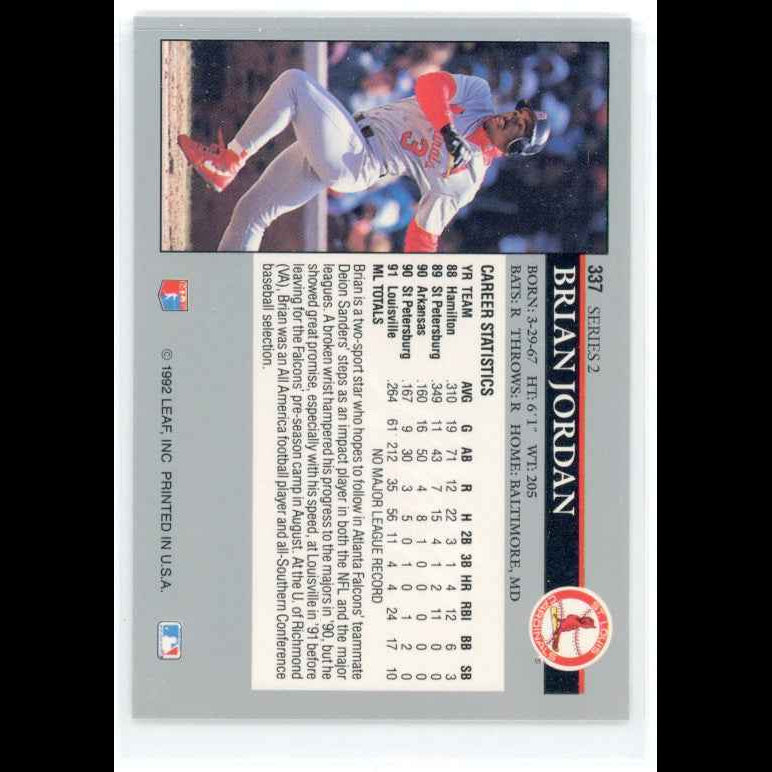 1992 Leaf #337 Brian Jordan RC Card - back
