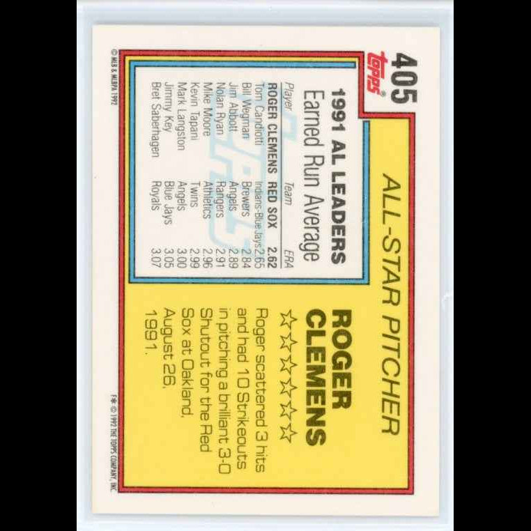1992 Topps #405 Roger Clemens AS Card - back