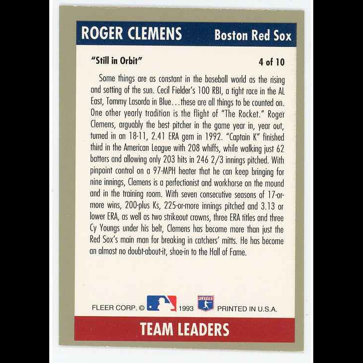 1993 Fleer Team Leaders #AL4 Roger Clemens Card - back