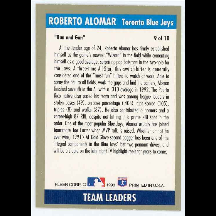 1993 Fleer Team Leaders #AL9 Roberto Alomar Card - back