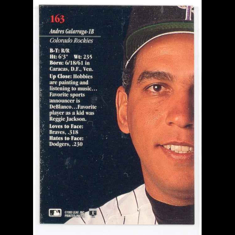 1993 Studio #163 Andres Galarraga Card - back