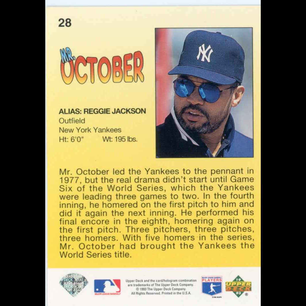 1993 Upper Deck Fun Pack #28 Reggie Jackson Hero Card - back