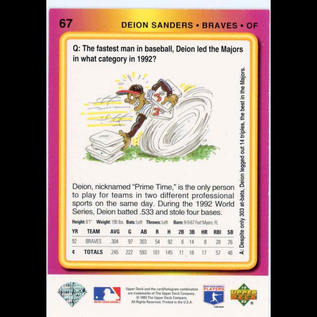 1993 Upper Deck Fun Pack #67 Deion Sanders Atlanta Braves Card - back