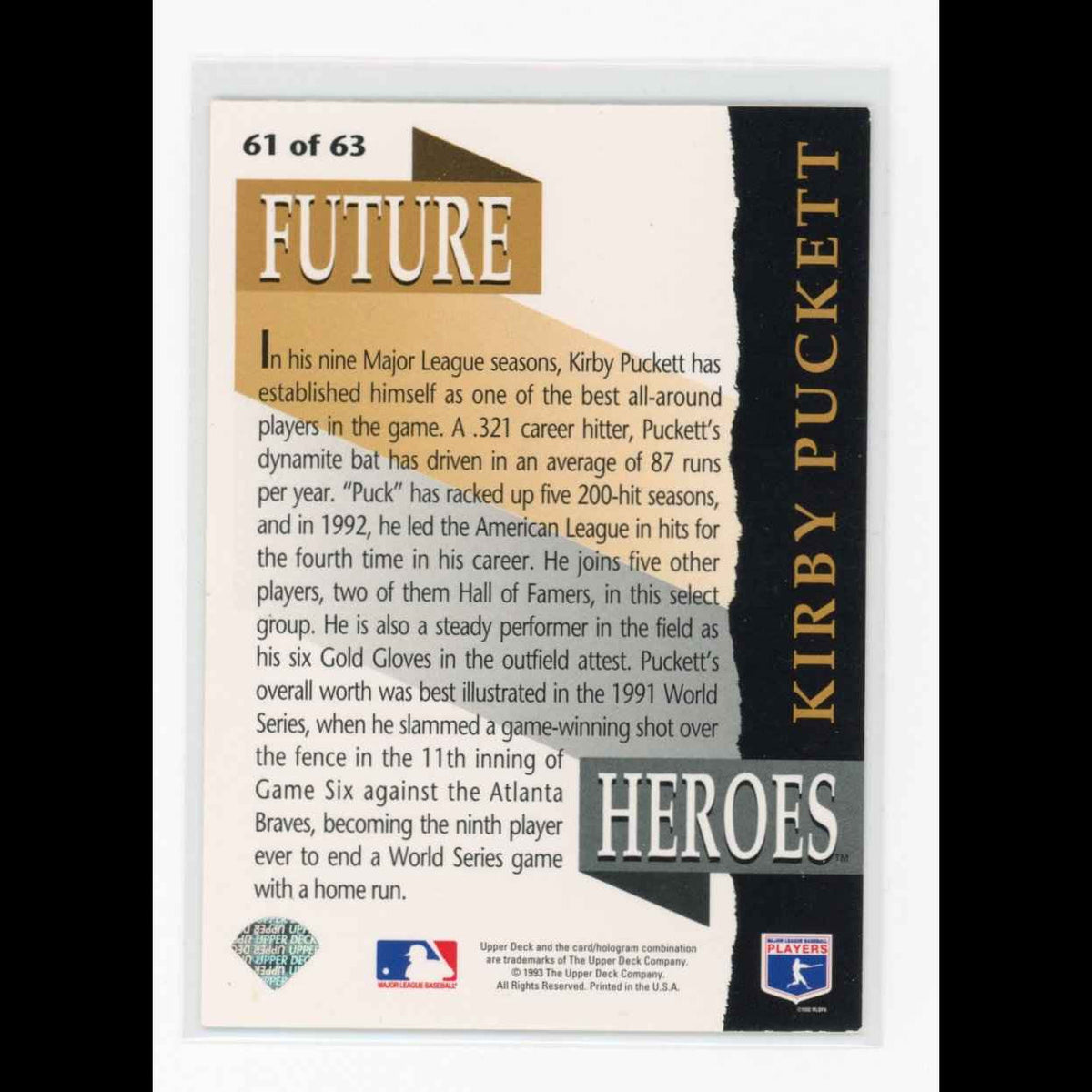 1993 Upper Deck Future Heroes #61 Kirby Puckett Minnesota Twins Card - back